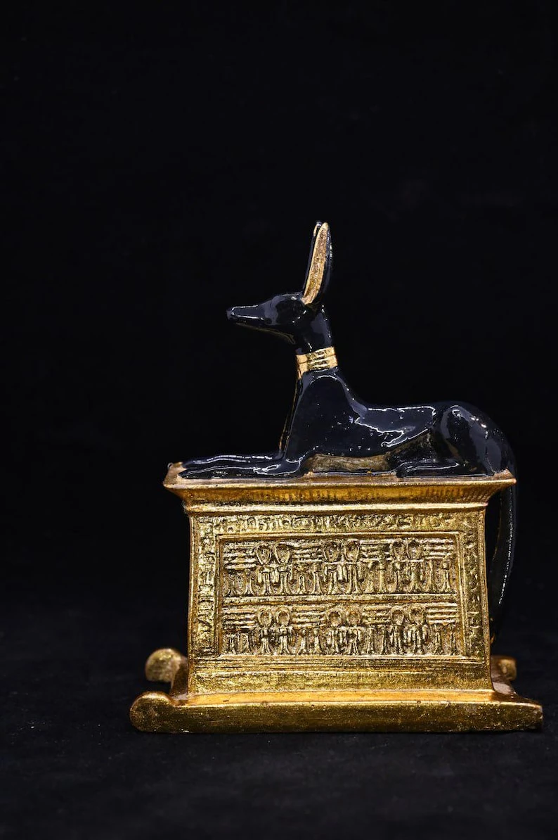 Hand-Carved Anubis Stone Statue – Gold Leaf Egyptian Decor Gold Leaf Anubis Stone Statue
