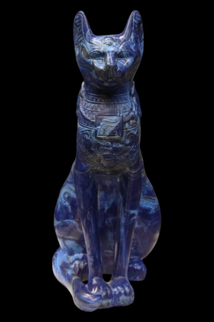 Lapis Lazuli Cat Bastet Statue, Egyptian Goddess Carving