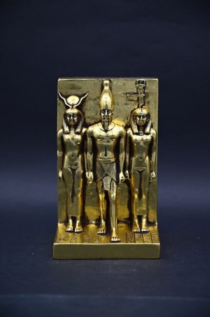 Menkaure Triad Statue – Egyptian Pharaoh, Goddess Hathor, Wife - Gold Leaf Stone