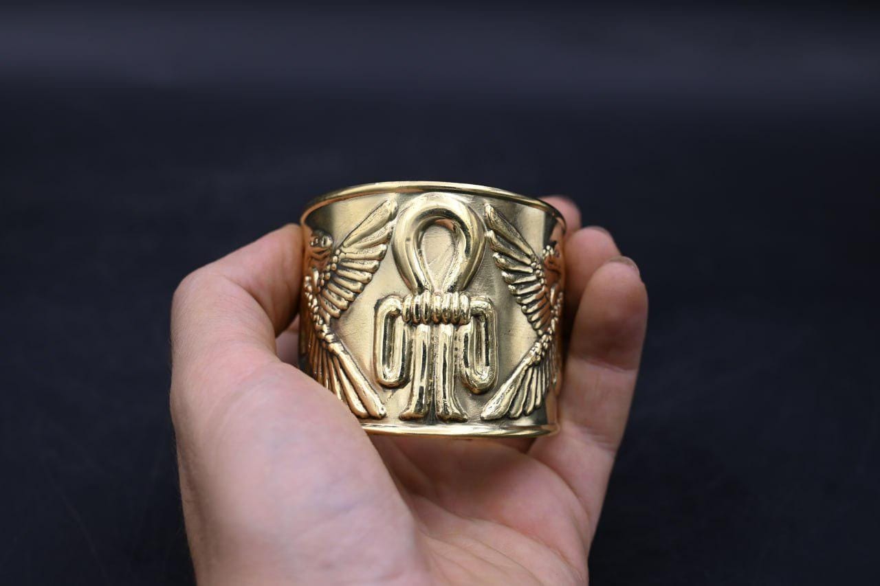 Brass Hathor Knot Bracelet: Egyptian Winged Cobra Talisman