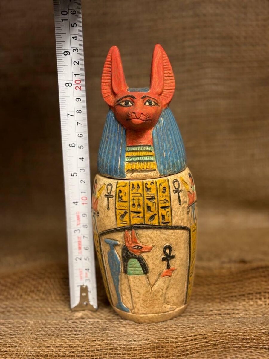 Limestone Canopic Jar, Anubis Sculpture, Egyptian Decor Anubis Canopic Jar