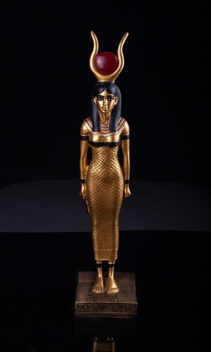 Vintage Golden Hathor Statue: Egyptian Goddess of Love & Beauty