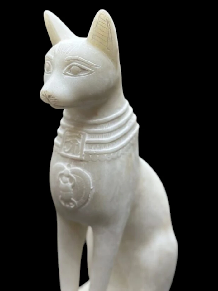 White Stone Bastet Cat Statue, Egyptian Goddess