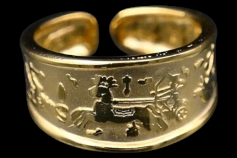 Egyptian Chariot Ring – Sterling Silver Gold Plated, Ancient Symbols, Free Size01 Egyptian Chariot Ring – Sterling Silver Gold Plated, Ancient Symbols, Free Size - Image 1
