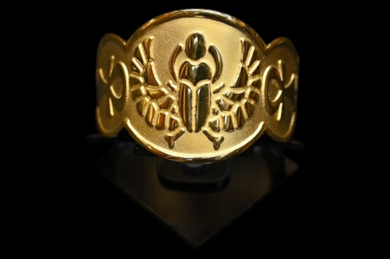 Gold Plated Scarab Bracelet: Egyptian Key of Life & Lotus Flower