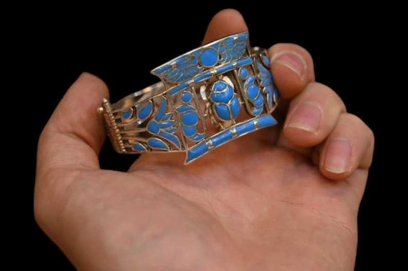 Handmade Sterling Silver Scarab Bracelet – Egyptian Turquoise Replica