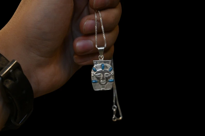 Silver Hathor Mask Pendant with Malachite, Egyptian Necklace